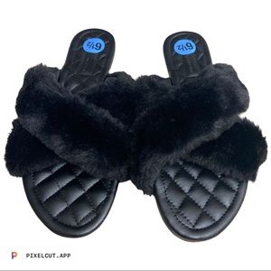 FRENCH CONNECTION Black Faux Fur House Slippers Size 6.5 NWOB